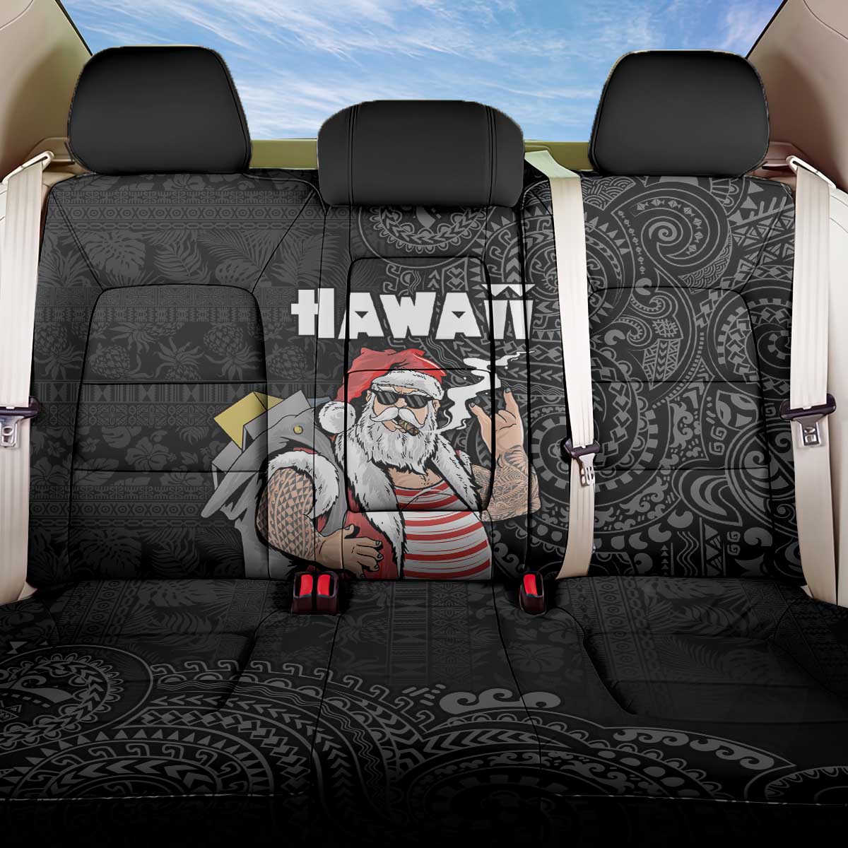 Hawaii Aloha Santa Claus Funny Polynesian Tattoo Back Car Seat Cover Black Color LT03 One Size Black - Polynesian Pride