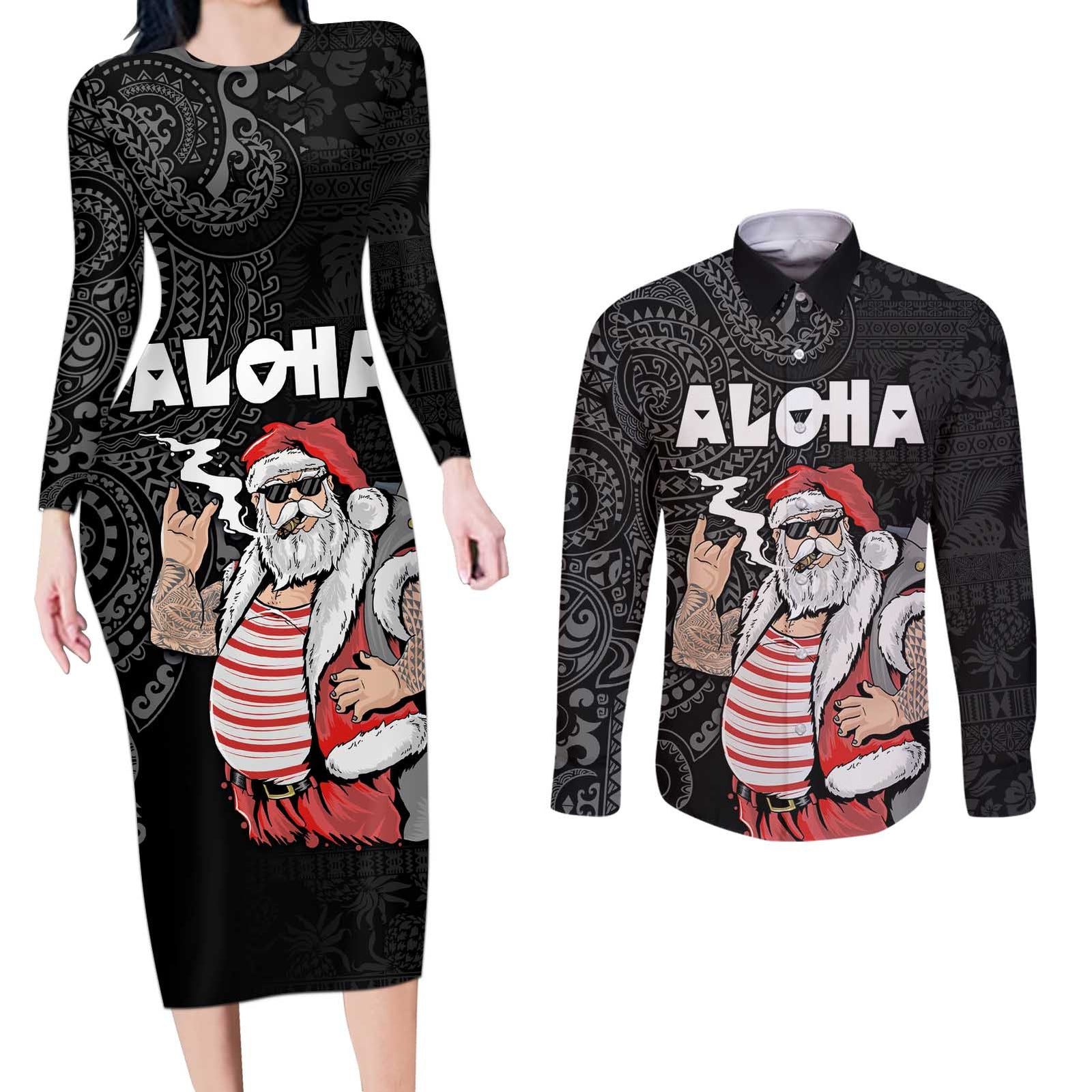 Hawaii Aloha Santa Claus Funny Polynesian Tattoo Couples Matching Long Sleeve Bodycon Dress and Long Sleeve Button Shirt Black Color LT03 Black - Polynesian Pride