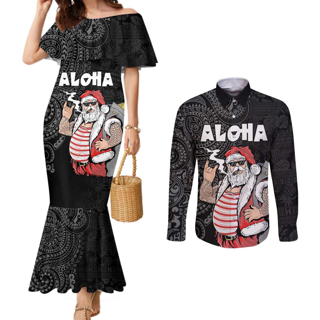 Hawaii Aloha Santa Claus Funny Polynesian Tattoo Couples Matching Mermaid Dress and Long Sleeve Button Shirt Black Color LT03 Black - Polynesian Pride