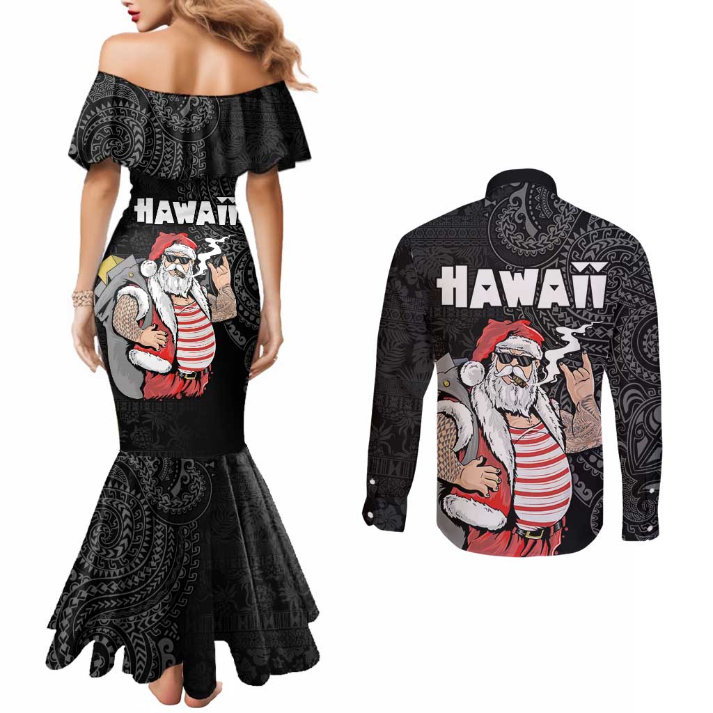 Hawaii Aloha Santa Claus Funny Polynesian Tattoo Couples Matching Mermaid Dress and Long Sleeve Button Shirt Black Color LT03 - Polynesian Pride