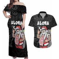 Hawaii Aloha Santa Claus Funny Polynesian Tattoo Couples Matching Off Shoulder Maxi Dress and Hawaiian Shirt Black Color LT03 Black - Polynesian Pride