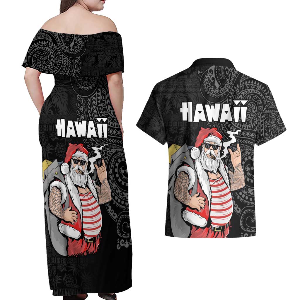 Hawaii Aloha Santa Claus Funny Polynesian Tattoo Couples Matching Off Shoulder Maxi Dress and Hawaiian Shirt Black Color LT03 - Polynesian Pride