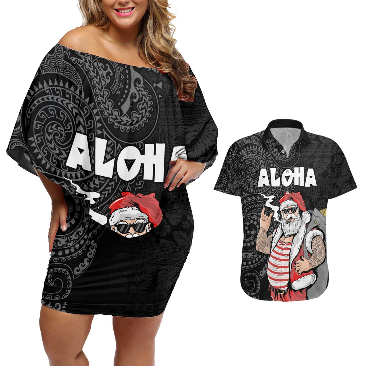Hawaii Aloha Santa Claus Funny Polynesian Tattoo Couples Matching Off Shoulder Short Dress and Hawaiian Shirt Black Color LT03 Black - Polynesian Pride