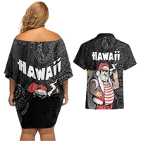 Hawaii Aloha Santa Claus Funny Polynesian Tattoo Couples Matching Off Shoulder Short Dress and Hawaiian Shirt Black Color LT03 - Polynesian Pride