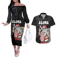 Hawaii Aloha Santa Claus Funny Polynesian Tattoo Couples Matching Off The Shoulder Long Sleeve Dress and Hawaiian Shirt Black Color LT03 Black - Polynesian Pride