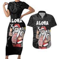 Hawaii Aloha Santa Claus Funny Polynesian Tattoo Couples Matching Short Sleeve Bodycon Dress and Hawaiian Shirt Black Color LT03 Black - Polynesian Pride