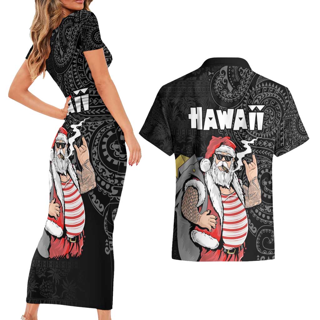 Hawaii Aloha Santa Claus Funny Polynesian Tattoo Couples Matching Short Sleeve Bodycon Dress and Hawaiian Shirt Black Color LT03 - Polynesian Pride