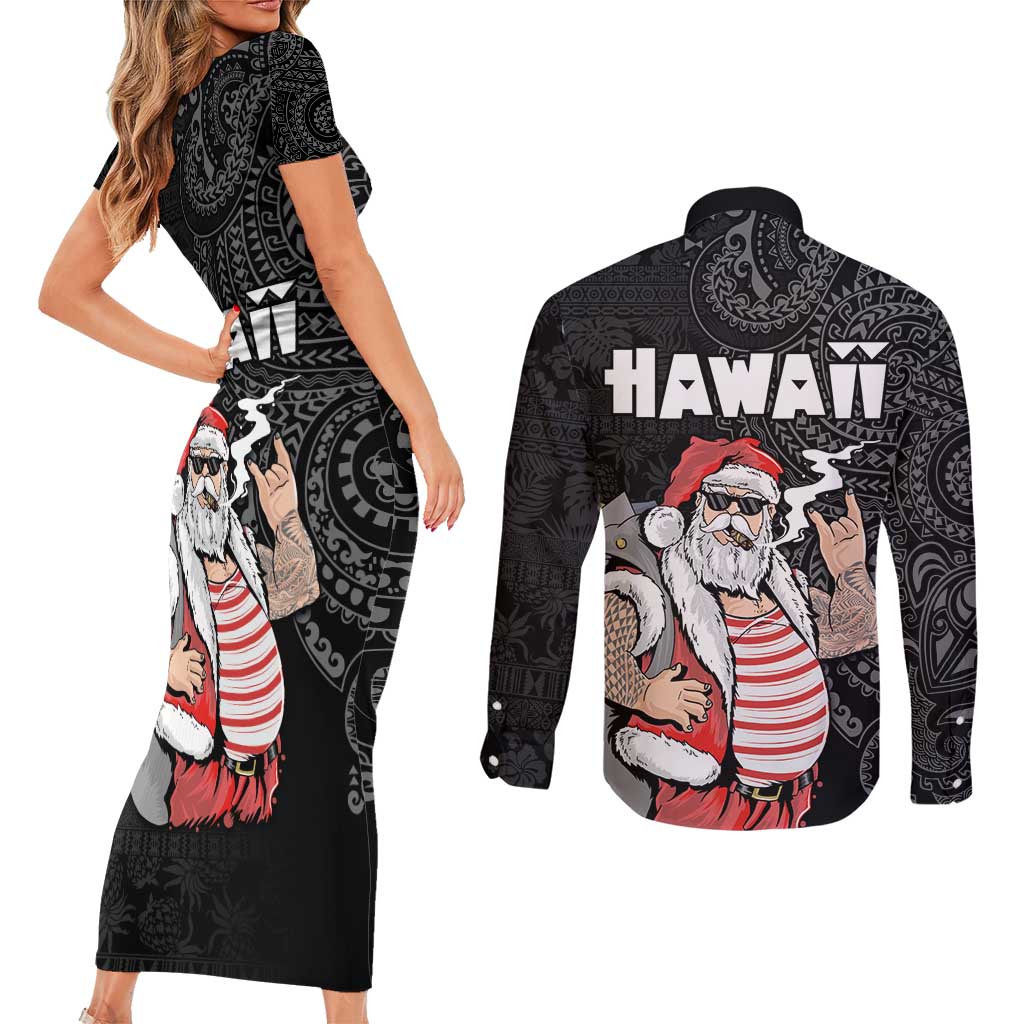 Hawaii Aloha Santa Claus Funny Polynesian Tattoo Couples Matching Short Sleeve Bodycon Dress and Long Sleeve Button Shirt Black Color LT03 - Polynesian Pride