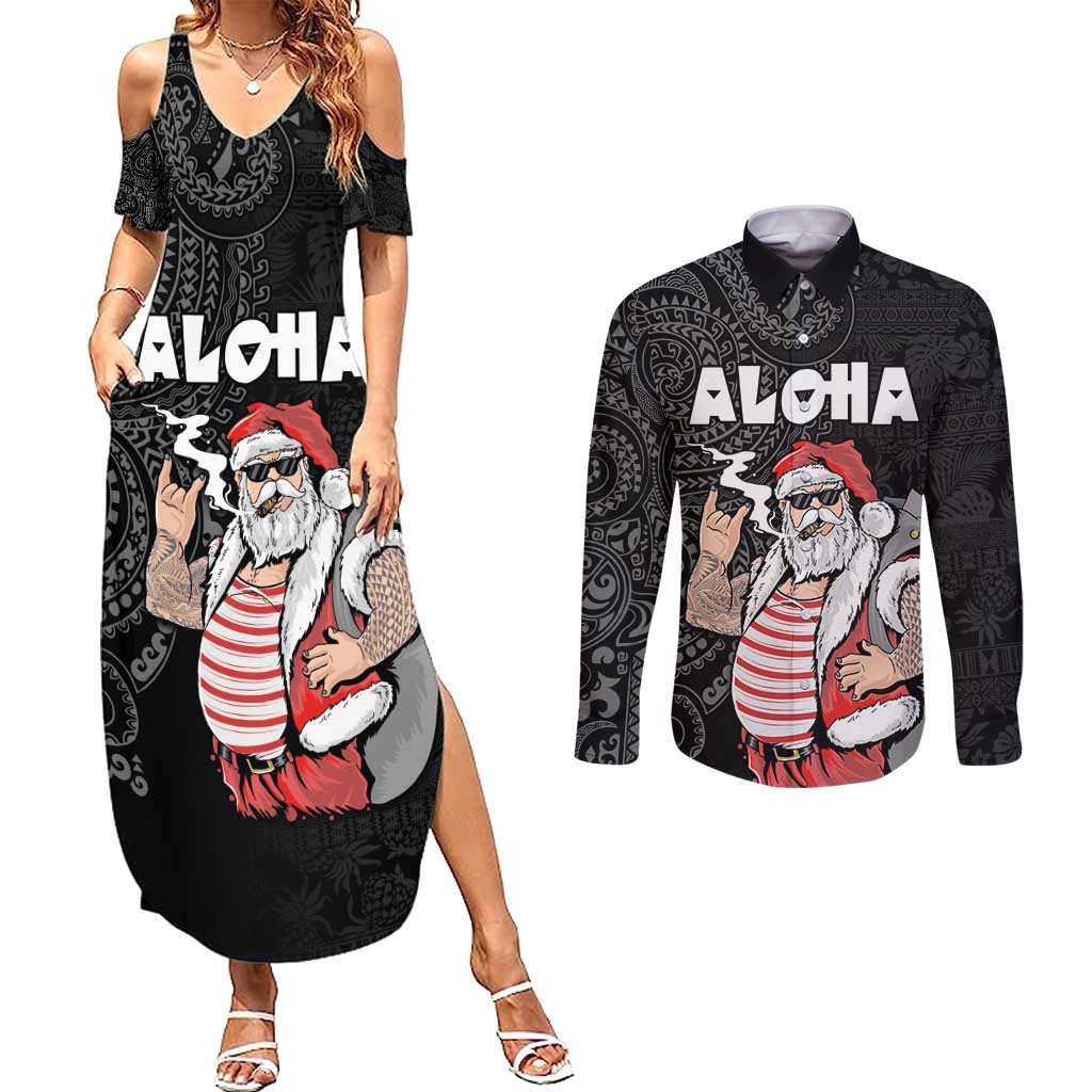 Hawaii Aloha Santa Claus Funny Polynesian Tattoo Couples Matching Summer Maxi Dress and Long Sleeve Button Shirt Black Color LT03 Black - Polynesian Pride