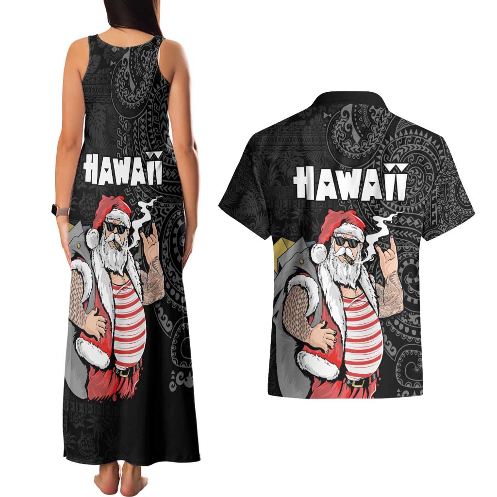 Hawaii Aloha Santa Claus Funny Polynesian Tattoo Couples Matching Tank Maxi Dress and Hawaiian Shirt Black Color LT03 - Polynesian Pride