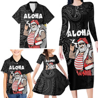 Hawaii Aloha Santa Claus Funny Polynesian Tattoo Family Matching Long Sleeve Bodycon Dress and Hawaiian Shirt Black Color LT03 - Polynesian Pride