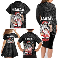 Hawaii Aloha Santa Claus Funny Polynesian Tattoo Family Matching Long Sleeve Bodycon Dress and Hawaiian Shirt Black Color LT03 - Polynesian Pride