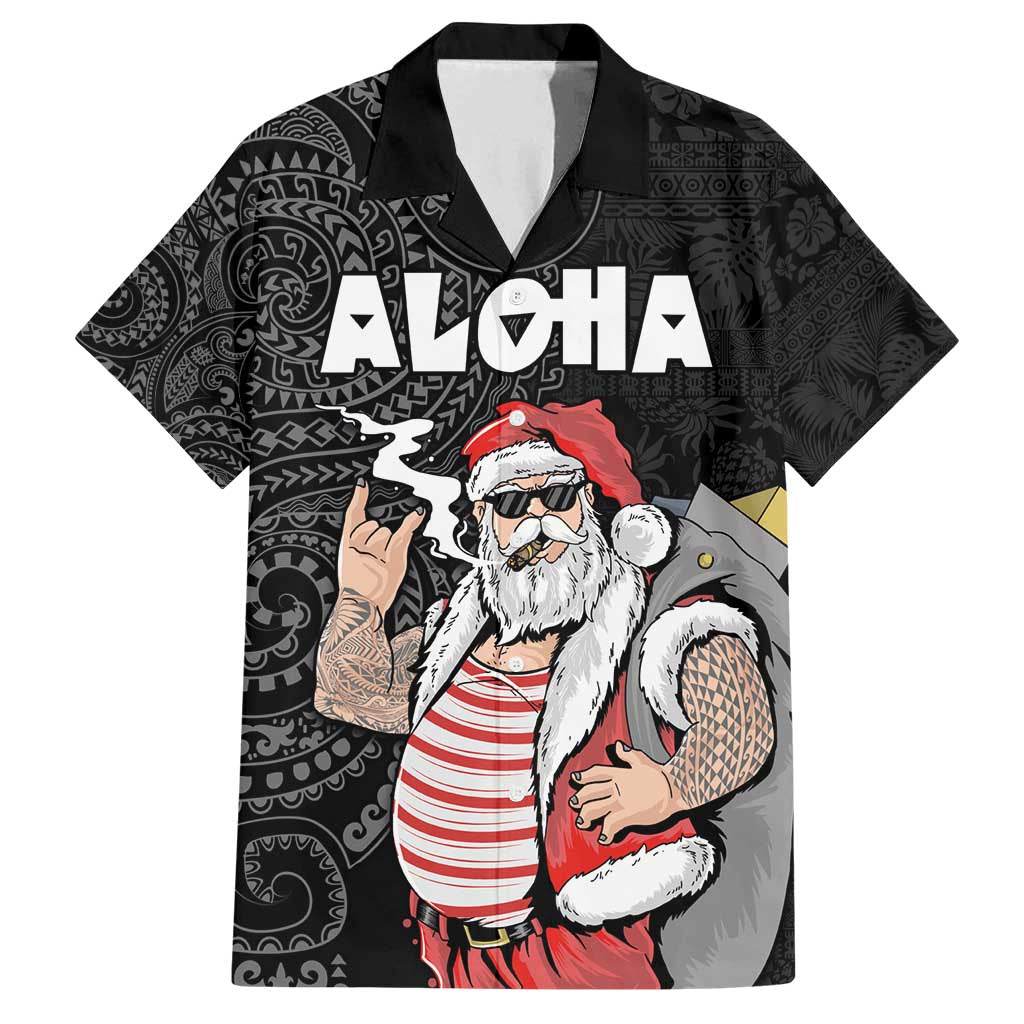 Hawaii Aloha Santa Claus Funny Polynesian Tattoo Family Matching Long Sleeve Bodycon Dress and Hawaiian Shirt Black Color LT03 Dad's Shirt - Short Sleeve Black - Polynesian Pride
