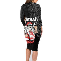 Hawaii Aloha Santa Claus Funny Polynesian Tattoo Family Matching Long Sleeve Bodycon Dress and Hawaiian Shirt Black Color LT03 - Polynesian Pride