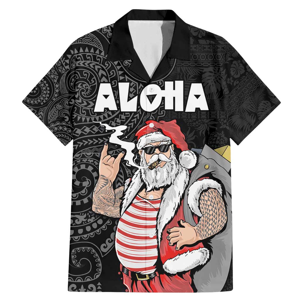Hawaii Aloha Santa Claus Funny Polynesian Tattoo Family Matching Mermaid Dress and Hawaiian Shirt Black Color LT03 Dad's Shirt - Short Sleeve Black - Polynesian Pride