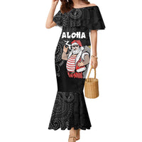 Hawaii Aloha Santa Claus Funny Polynesian Tattoo Family Matching Mermaid Dress and Hawaiian Shirt Black Color LT03 Mom's Dress Black - Polynesian Pride