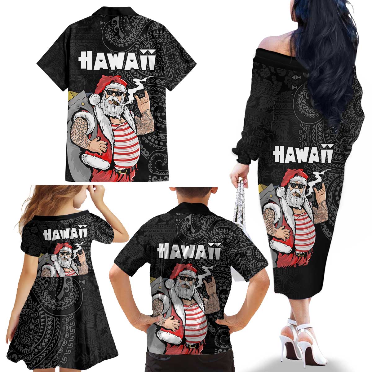 Hawaii Aloha Santa Claus Funny Polynesian Tattoo Family Matching Off The Shoulder Long Sleeve Dress and Hawaiian Shirt Black Color LT03 - Polynesian Pride