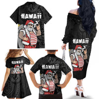 Hawaii Aloha Santa Claus Funny Polynesian Tattoo Family Matching Off The Shoulder Long Sleeve Dress and Hawaiian Shirt Black Color LT03 - Polynesian Pride