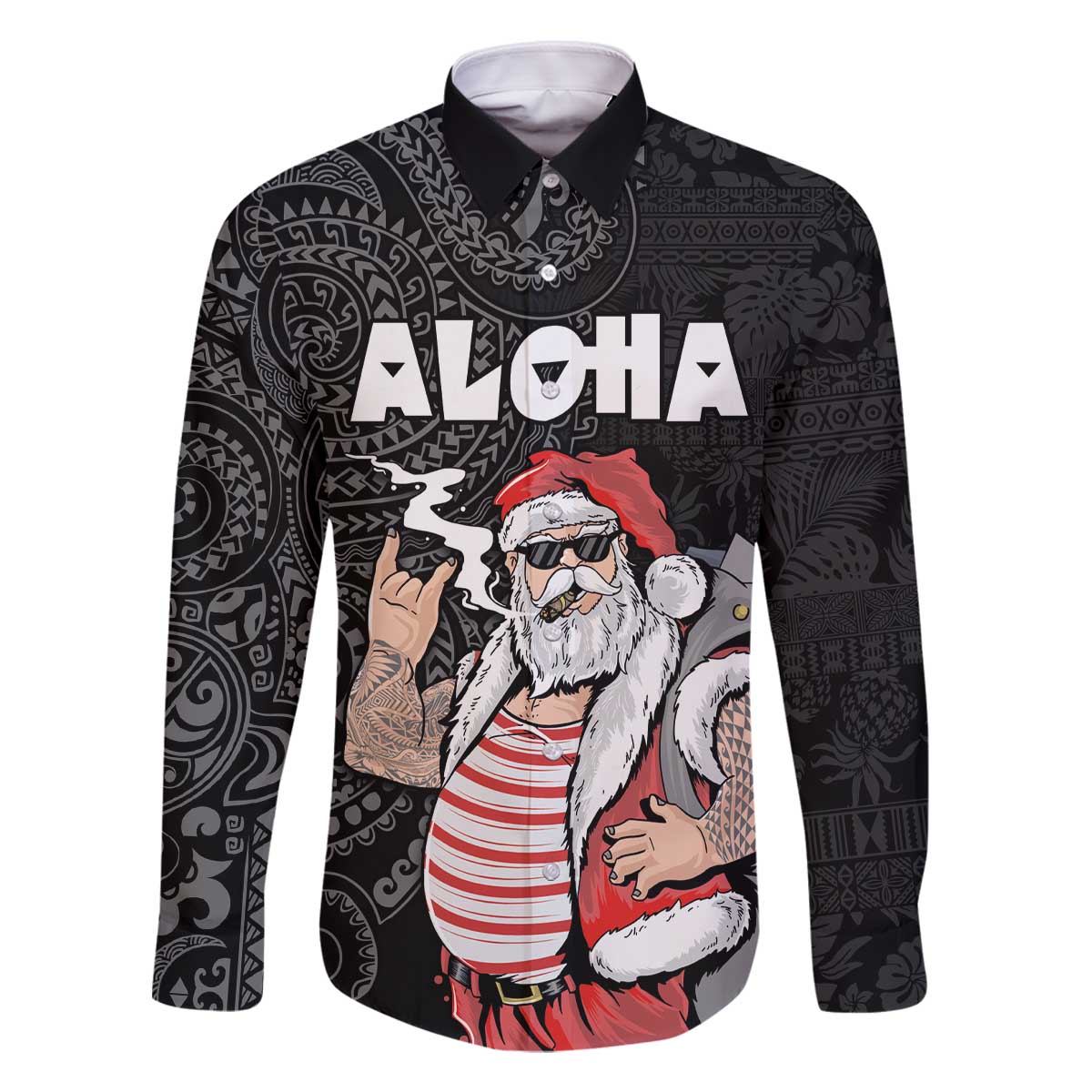 Hawaii Aloha Santa Claus Funny Polynesian Tattoo Family Matching Off The Shoulder Long Sleeve Dress and Hawaiian Shirt Black Color LT03 Dad's Shirt - Long Sleeve Black - Polynesian Pride