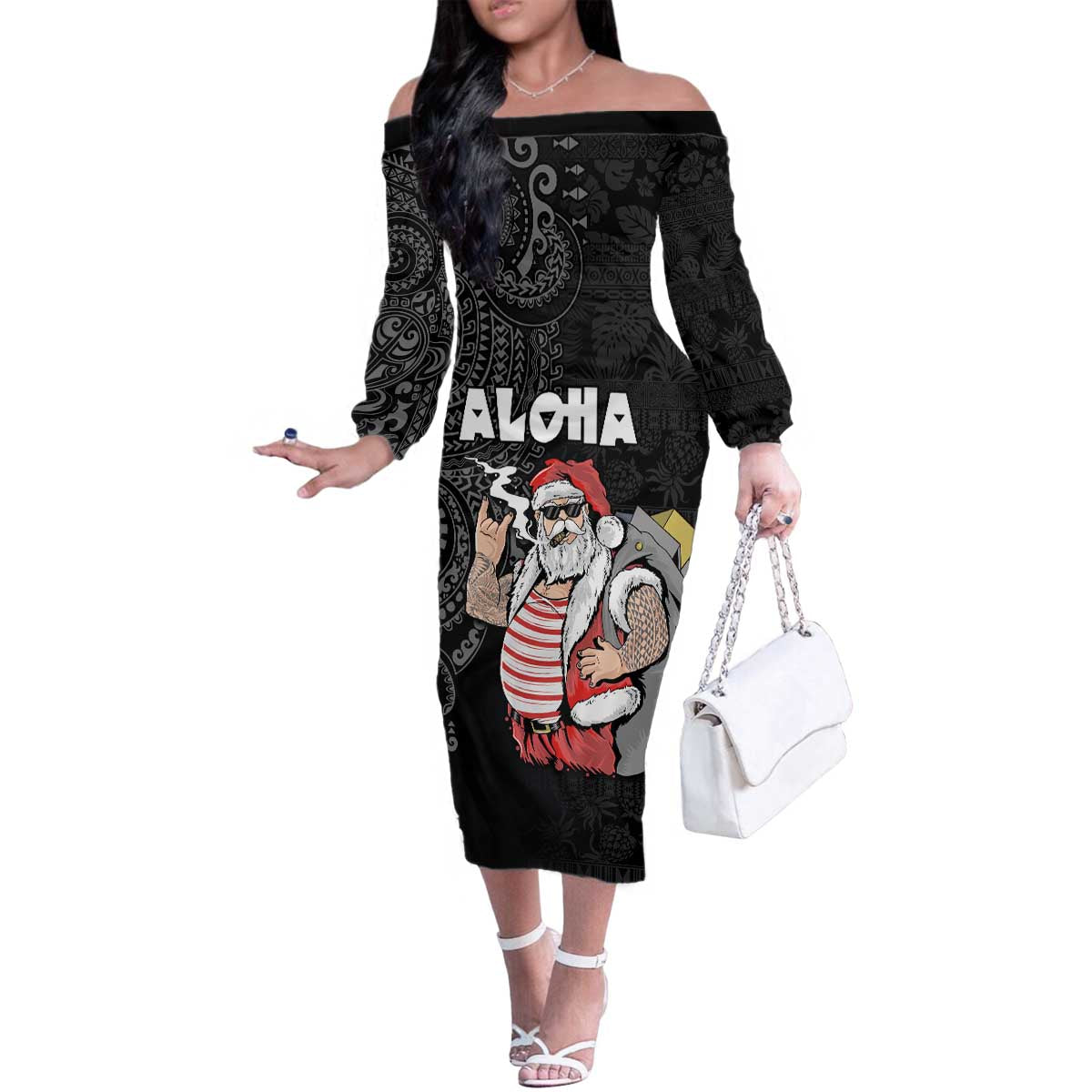 Hawaii Aloha Santa Claus Funny Polynesian Tattoo Family Matching Off The Shoulder Long Sleeve Dress and Hawaiian Shirt Black Color LT03 Mom's Dress Black - Polynesian Pride