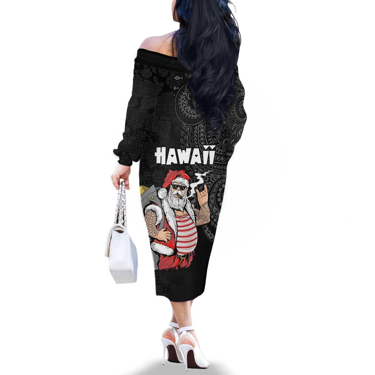 Hawaii Aloha Santa Claus Funny Polynesian Tattoo Family Matching Off The Shoulder Long Sleeve Dress and Hawaiian Shirt Black Color LT03 - Polynesian Pride