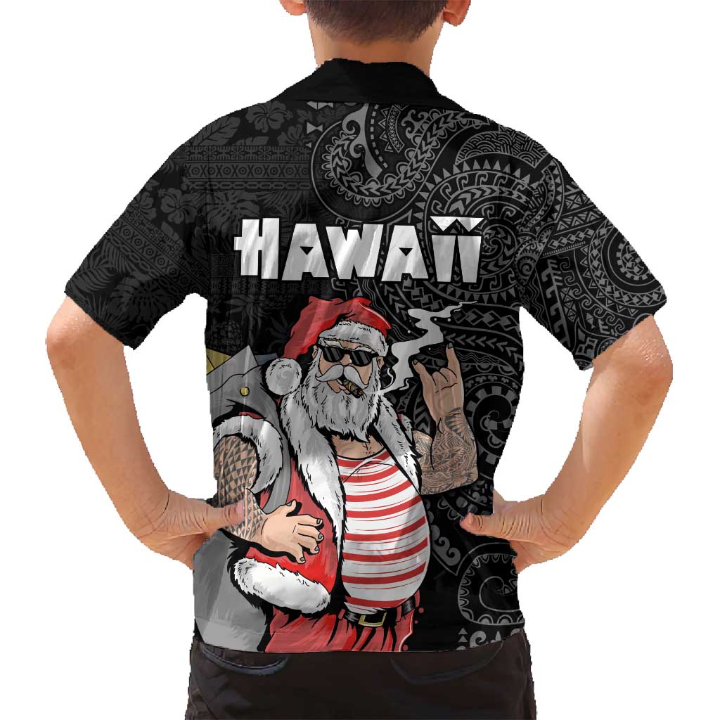 Hawaii Aloha Santa Claus Funny Polynesian Tattoo Family Matching Off Shoulder Maxi Dress and Hawaiian Shirt Black Color LT03 - Polynesian Pride