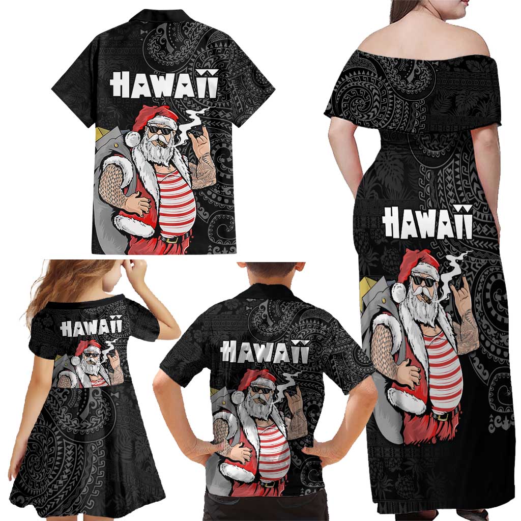 Hawaii Aloha Santa Claus Funny Polynesian Tattoo Family Matching Off Shoulder Maxi Dress and Hawaiian Shirt Black Color LT03 - Polynesian Pride