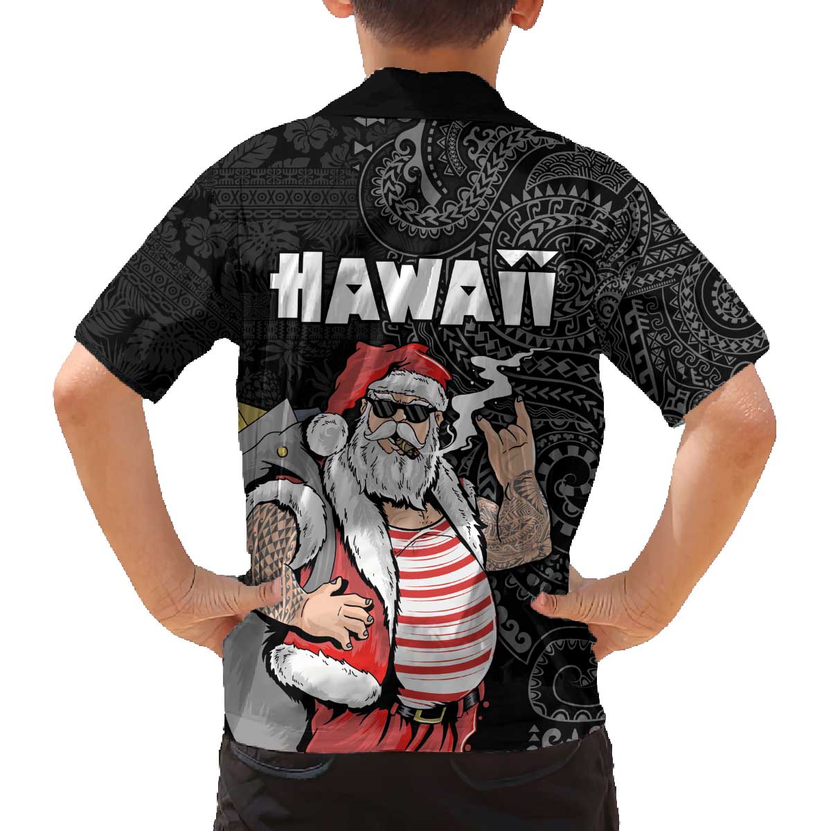Hawaii Aloha Santa Claus Funny Polynesian Tattoo Family Matching Off Shoulder Short Dress and Hawaiian Shirt Black Color LT03 - Polynesian Pride