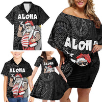 Hawaii Aloha Santa Claus Funny Polynesian Tattoo Family Matching Off Shoulder Short Dress and Hawaiian Shirt Black Color LT03 - Polynesian Pride