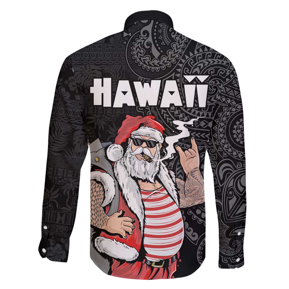 Hawaii Aloha Santa Claus Funny Polynesian Tattoo Family Matching Off Shoulder Short Dress and Hawaiian Shirt Black Color LT03 - Polynesian Pride