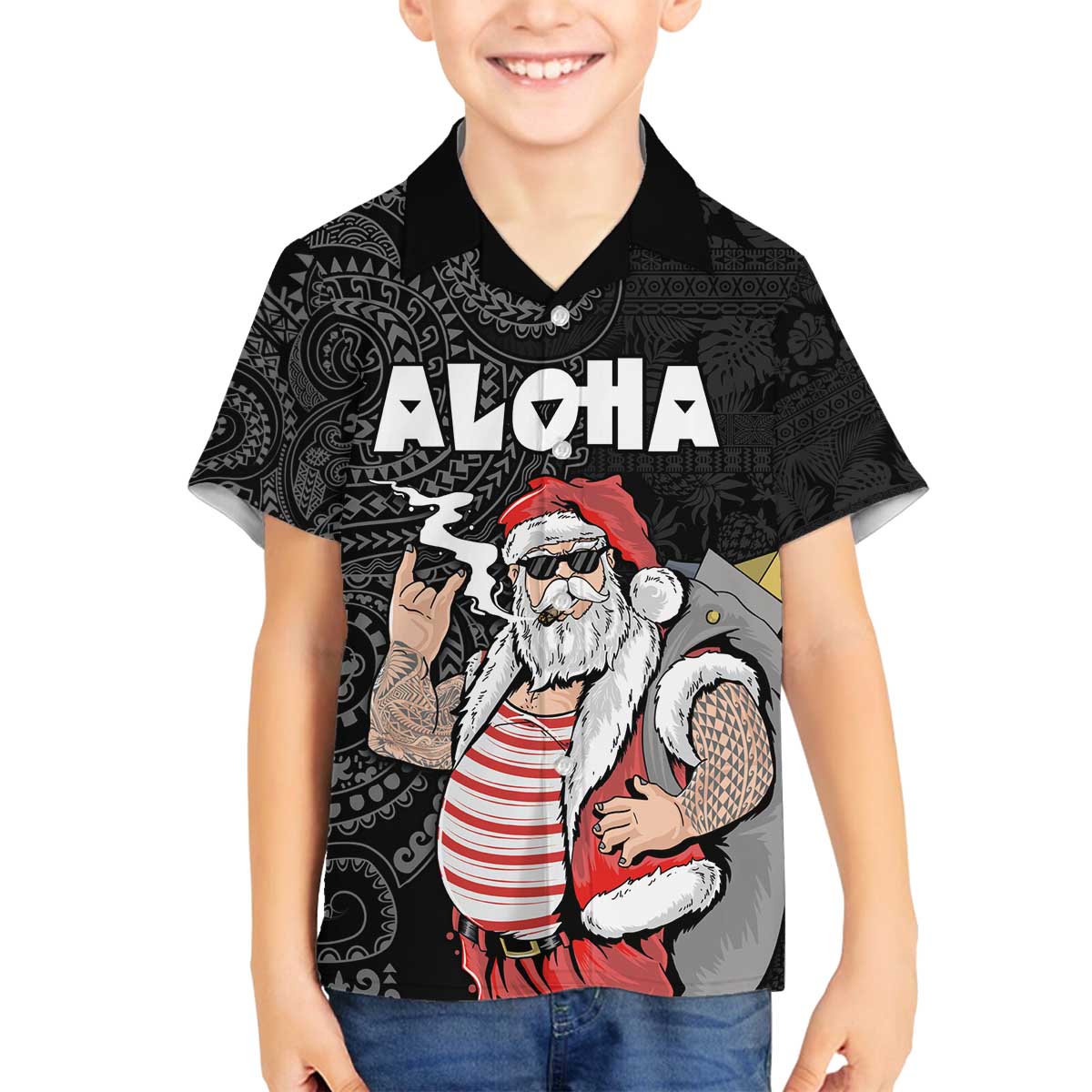 Hawaii Aloha Santa Claus Funny Polynesian Tattoo Family Matching Off Shoulder Short Dress and Hawaiian Shirt Black Color LT03 Son's Shirt Black - Polynesian Pride