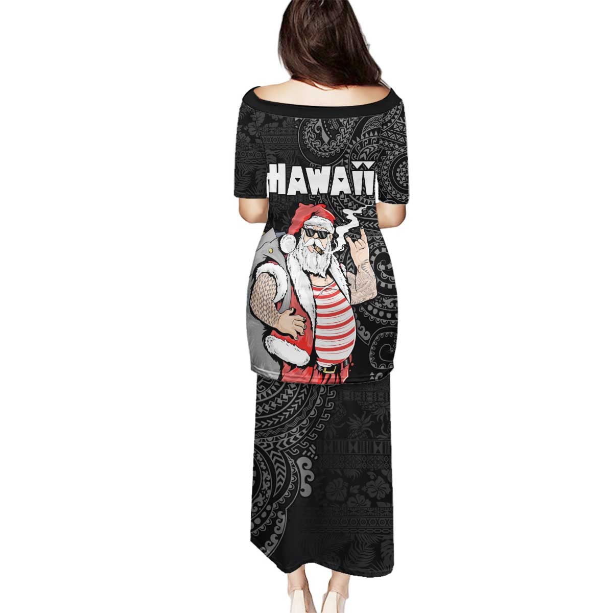 Hawaii Aloha Santa Claus Funny Polynesian Tattoo Family Matching Puletasi and Hawaiian Shirt Black Color LT03 - Polynesian Pride