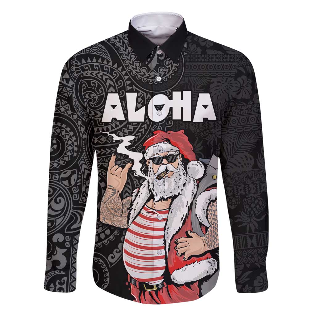 Hawaii Aloha Santa Claus Funny Polynesian Tattoo Family Matching Short Sleeve Bodycon Dress and Hawaiian Shirt Black Color LT03 Dad's Shirt - Long Sleeve Black - Polynesian Pride