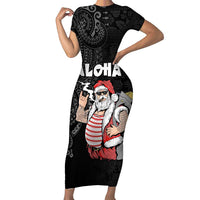 Hawaii Aloha Santa Claus Funny Polynesian Tattoo Family Matching Short Sleeve Bodycon Dress and Hawaiian Shirt Black Color LT03 Mom's Dress Black - Polynesian Pride