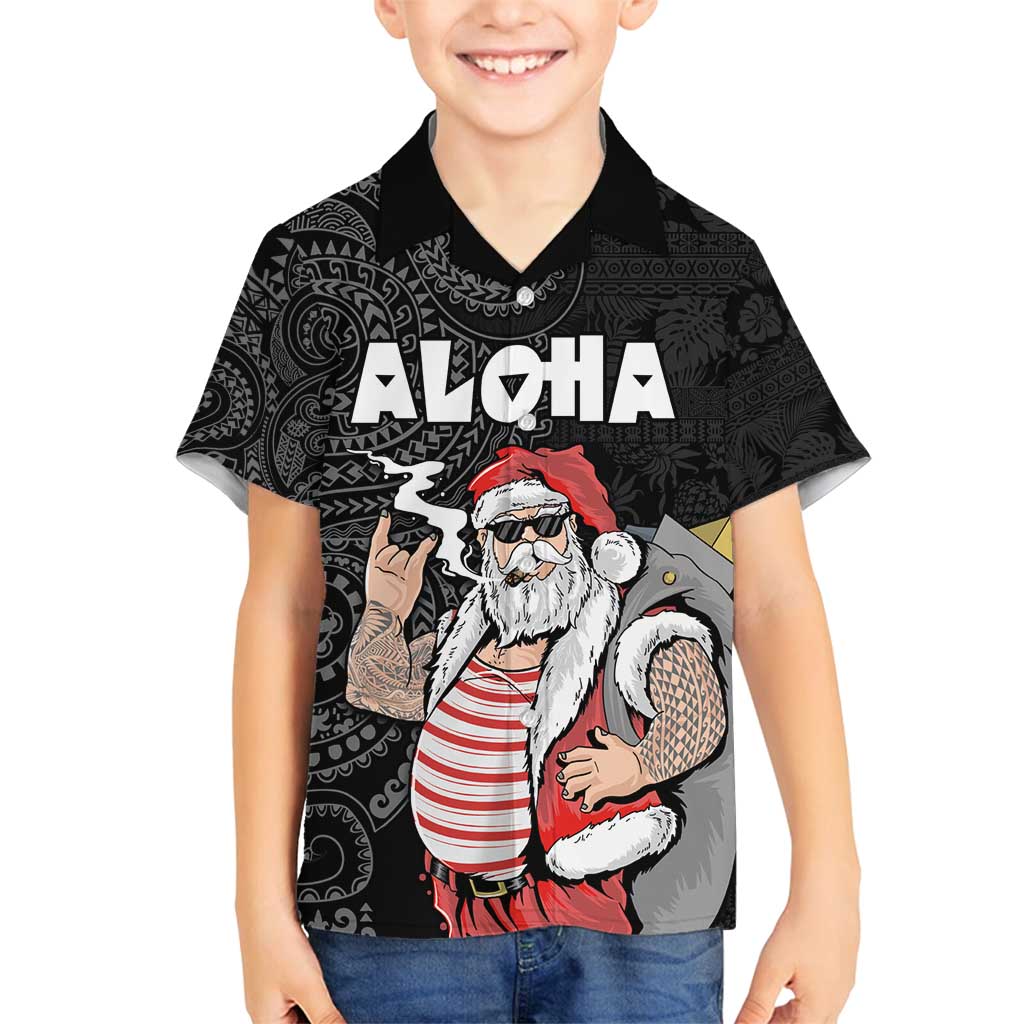 Hawaii Aloha Santa Claus Funny Polynesian Tattoo Family Matching Summer Maxi Dress and Hawaiian Shirt Black Color LT03 Son's Shirt Black - Polynesian Pride