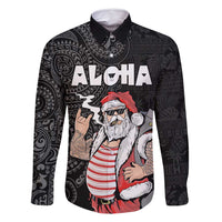 Hawaii Aloha Santa Claus Funny Polynesian Tattoo Family Matching Tank Maxi Dress and Hawaiian Shirt Black Color LT03 Dad's Shirt - Long Sleeve Black - Polynesian Pride