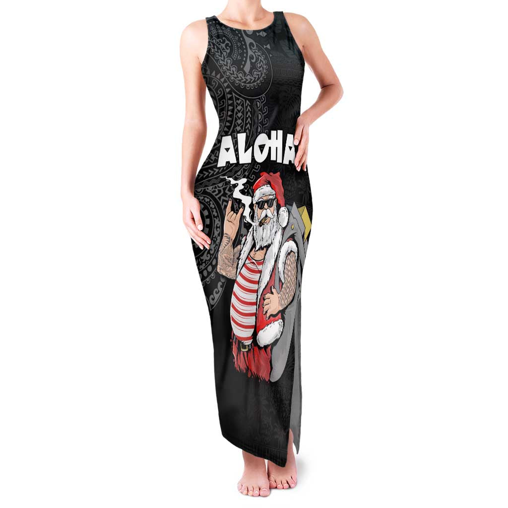 Hawaii Aloha Santa Claus Funny Polynesian Tattoo Family Matching Tank Maxi Dress and Hawaiian Shirt Black Color LT03 Mom's Dress Black - Polynesian Pride