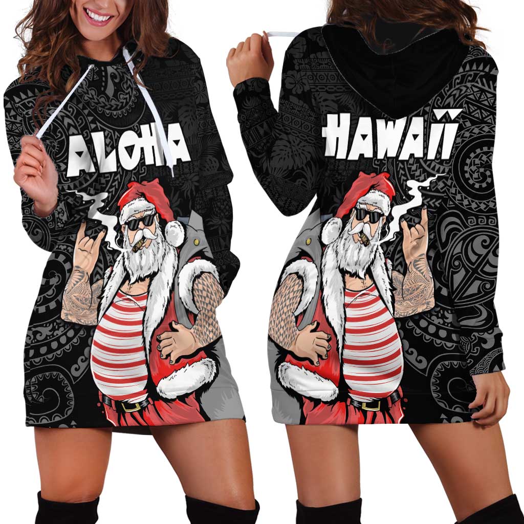 Hawaii Aloha Santa Claus Funny Polynesian Tattoo Hoodie Dress Black Color