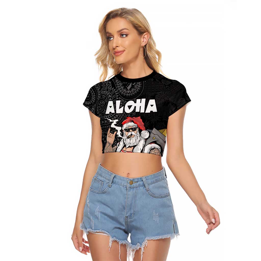 Hawaii Aloha Santa Claus Funny Polynesian Tattoo Raglan Cropped T Shirt Black Color