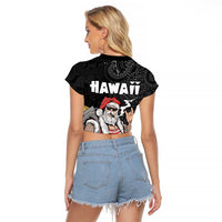 Hawaii Aloha Santa Claus Funny Polynesian Tattoo Raglan Cropped T Shirt Black Color