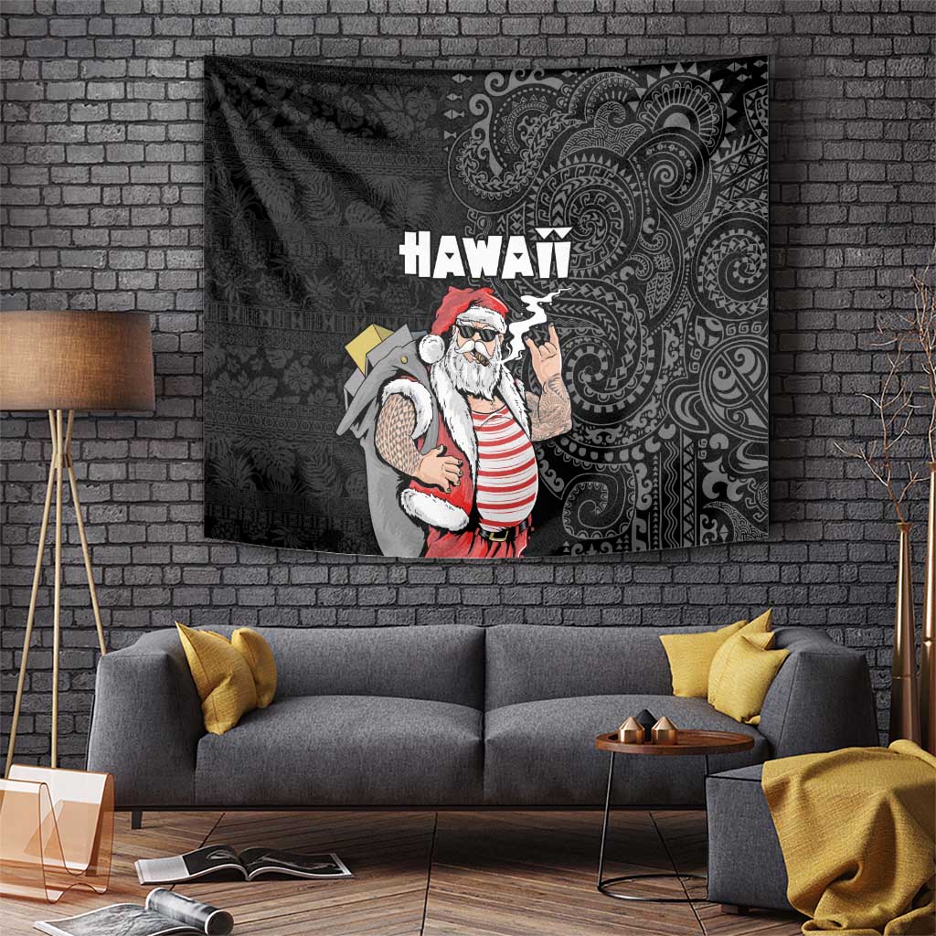 Hawaii Aloha Santa Claus Funny Polynesian Tattoo Tapestry Black Color