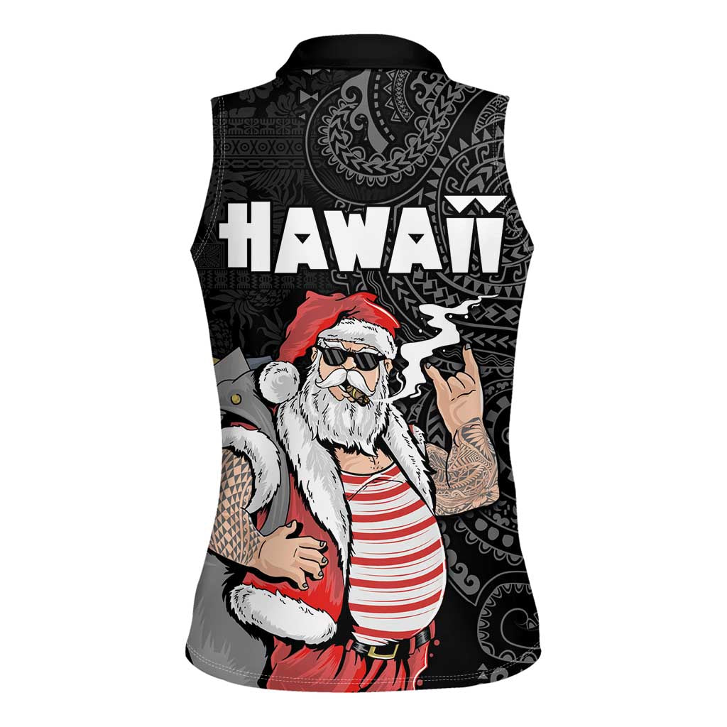 Hawaii Aloha Santa Claus Funny Polynesian Tattoo Women Sleeveless Polo Shirt Black Color