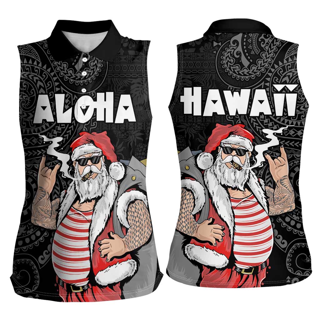 Hawaii Aloha Santa Claus Funny Polynesian Tattoo Women Sleeveless Polo Shirt Black Color
