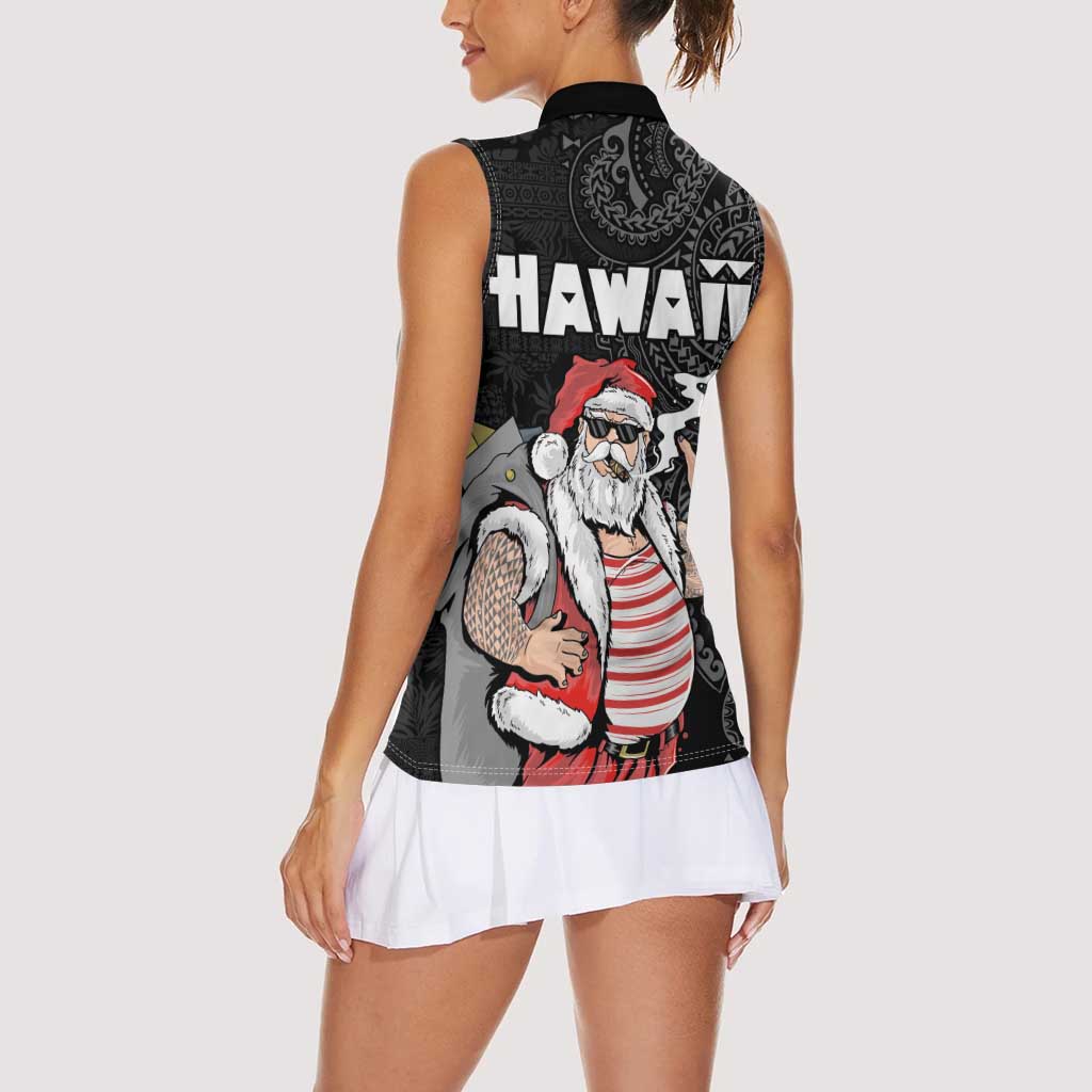 Hawaii Aloha Santa Claus Funny Polynesian Tattoo Women Sleeveless Polo Shirt Black Color