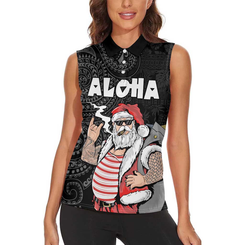 Hawaii Aloha Santa Claus Funny Polynesian Tattoo Women Sleeveless Polo Shirt Black Color