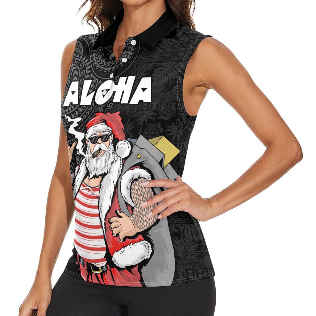 Hawaii Aloha Santa Claus Funny Polynesian Tattoo Women Sleeveless Polo Shirt Black Color