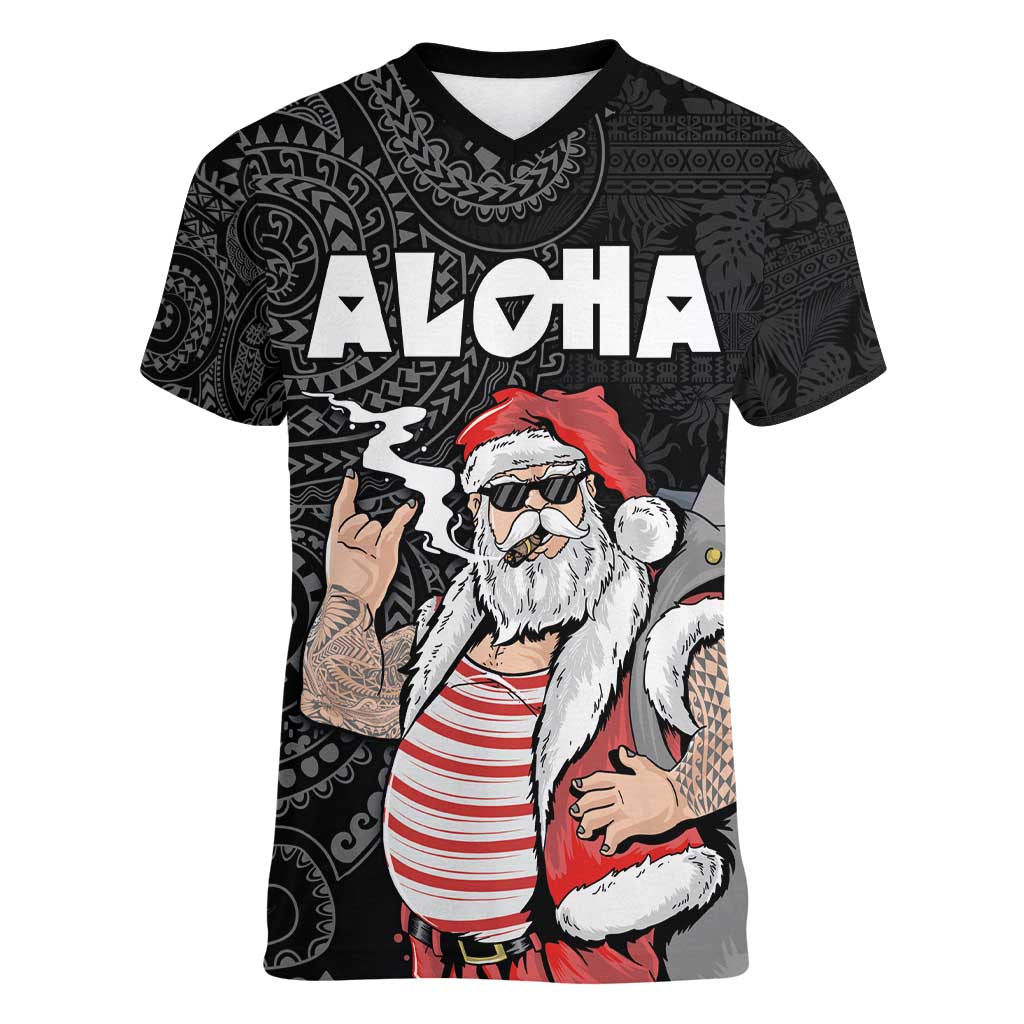 Hawaii Aloha Santa Claus Funny Polynesian Tattoo Women V-Neck T-Shirt Black Color