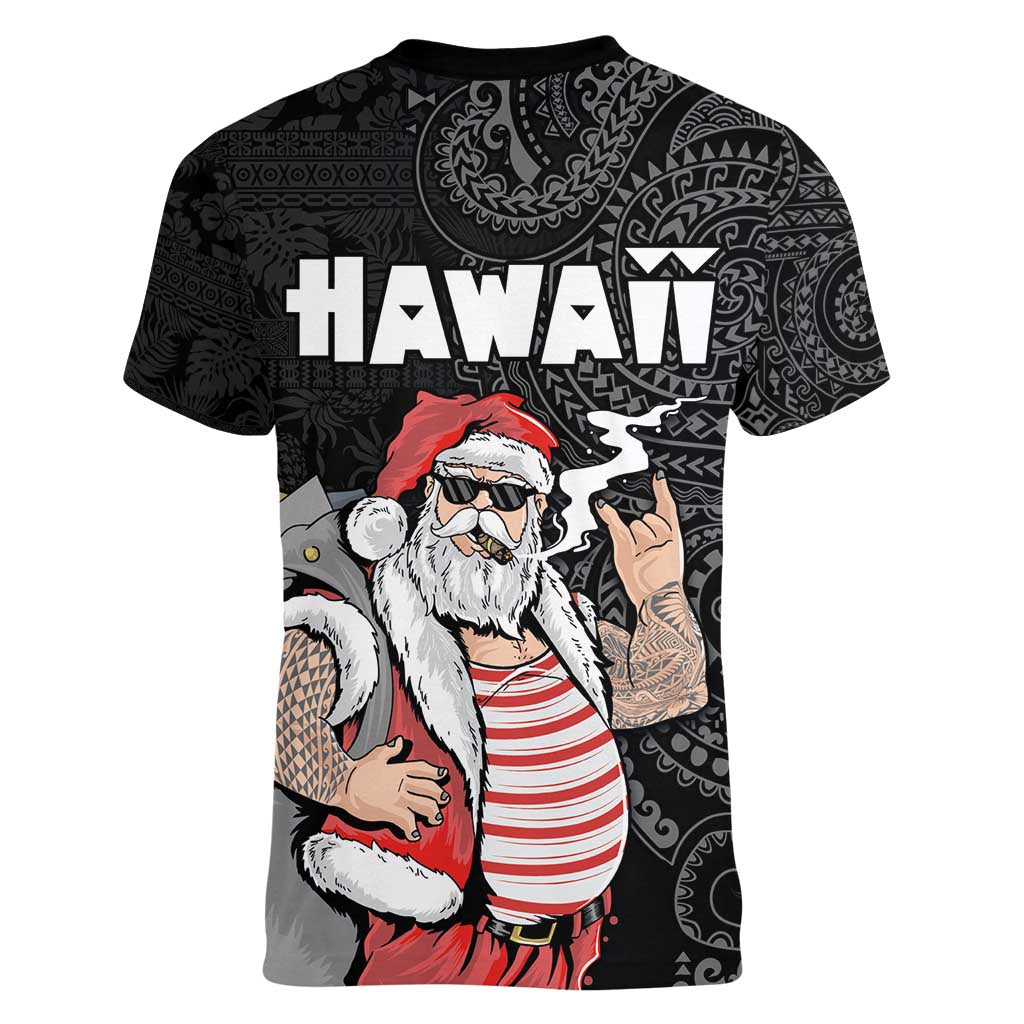 Hawaii Aloha Santa Claus Funny Polynesian Tattoo Women V-Neck T-Shirt Black Color