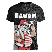 Hawaii Aloha Santa Claus Funny Polynesian Tattoo Women V-Neck T-Shirt Black Color