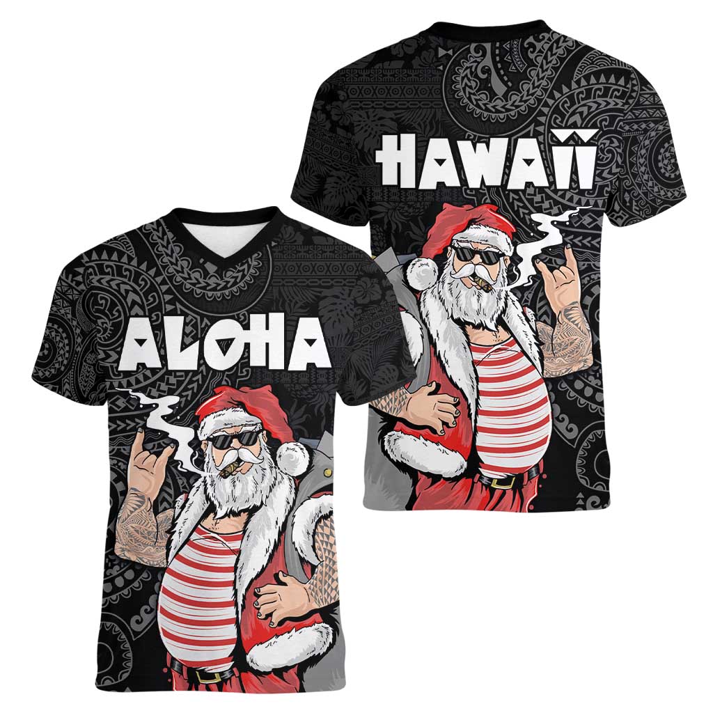 Hawaii Aloha Santa Claus Funny Polynesian Tattoo Women V-Neck T-Shirt Black Color